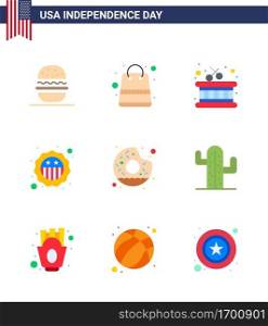 Flat Pack of 9 USA Independence Day Symbols of yummy; donut; drum; flag; security Editable USA Day Vector Design Elements