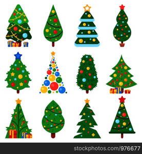 Flat paper christmas tree. Winter holidays trees decorated star, Xmas garlands and new year toys gift icon. Fir decoration of balls and star cartoon vector isolated symbol collection. Flat paper christmas tree. Winter holidays trees decorated star, Xmas garlands and new year toys. Fir vector collection
