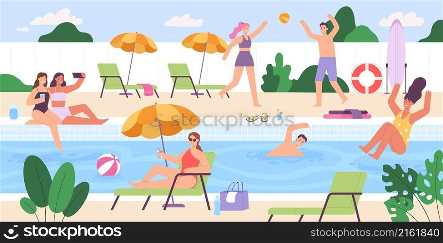 Flat people at outdoor swimming pool summer party. Men and women playing, sunbathing and having fun. Vacation activity event vector scene. Friends taking selfie photos, relaxing on lounger. Flat people at outdoor swimming pool summer party. Men and women playing, sunbathing and having fun. Vacation activity event vector scene