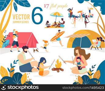 Flat People Characters and Happy Families with Children Spend Time Together on Beach, in Park, on Nature Scenes Set. Parents with Kids Rest near Bonfire or Tent. Vector Cartoon Illustration. People Characters Spend Time Together Scenes Set