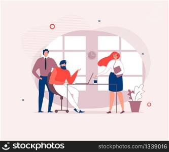 Flat People Characters Conversation in Office. Cartoon Bearded Employee Sit at Desk with Laptop. Male Manager Stand by. Female Boss Chief Talking to Coworkers. Vector Meeting, Negotiation Illustration. Coworking People Having Conversation in Office