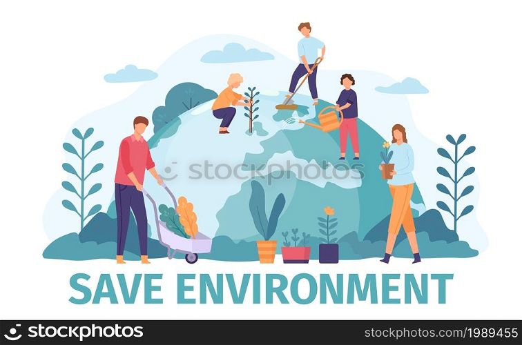 Flat people gardening and save environment ecology on earth globe. Volunteers community protect world nature, planting trees vector concept. Male and female characters helping earth. Flat people gardening and save environment ecology on earth globe. Volunteers community protect world nature, planting trees vector concept