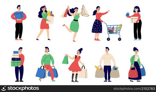 Flat people on shopping. Shop person, woman with present. Retail shoppers characters, in store with cart and man with purchase. Isolated cartoon buyer vector set. Illustration buyer with bag and cart. Flat people on shopping. Shop person, woman with present. Retail shoppers characters, in store with cart and man with purchase. Isolated cartoon buyer vector set