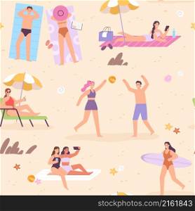 Flat people on summer vacation at beach seamless pattern. Women surfer, relax on a sun lounger, sunbathe, playing and do selfie vector print. Having rest with cocktail under umbrella. Flat people on summer vacation at beach seamless pattern. Women surfer, relax on a sun lounger, sunbathe, playing and do selfie vector print