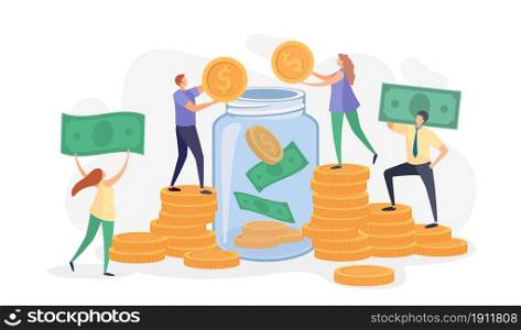 Flat people throwing money, bills and coins into glass jar. Characters collect donations. Family or business savings in bank vector concept. Volunteers giving cash for charity, investing. Flat people throwing money, bills and coins into glass jar. Characters collect donations. Family or business savings in bank vector concept