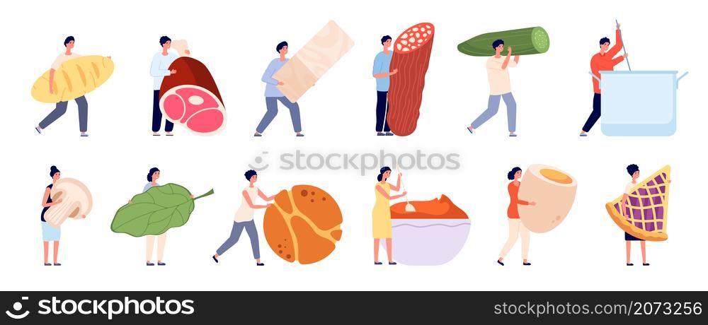 Flat person cooking. Food cook service, woman cutting products. People prepare dinner lunch, happy restaurant or home kitchen utter vector set. Illustration cook prepare lunch and dinner. Flat person cooking. Food cook service, woman cutting products. People prepare dinner lunch, happy restaurant or home kitchen utter vector set