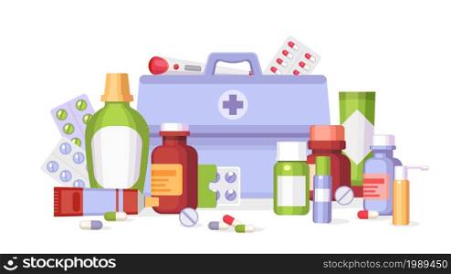 Flat pharmacy group of medicine blisters, containers and bottles. Remedy vials, pills, drugs and vitamin tablets. Medication vector concept. Box with thermometer, cream tube and spray. Flat pharmacy group of medicine blisters, containers and bottles. Remedy vials, pills, drugs and vitamin tablets. Medication vector concept