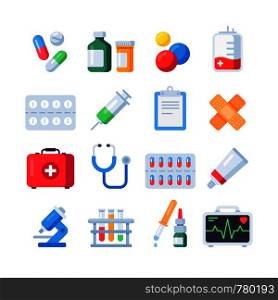 Flat pill icons. Medication dose of drug for treatment. Medicine bottle and medications capsule pills in blister packs vitamin first aid kit plaster syringe microscope cartoon icon isolated set. Flat pill icons. Medication dose of drug for treatment. Medicine bottle and pills in blister packs cartoon icon set