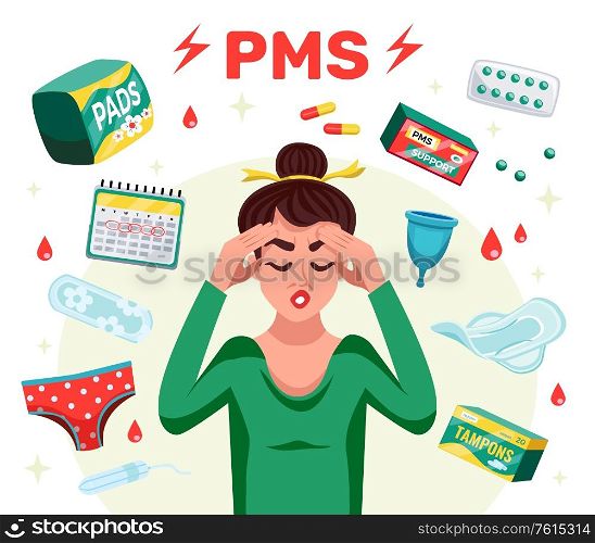 Flat pms woman concept with menstruation tools and woman with a headache vector illustration