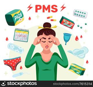 Flat pms woman concept with menstruation tools and woman with a headache vector illustration