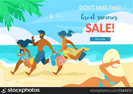 Flat Poster dont Miss this, Great Summer Sale. Men and Women Run Sand with Bags their Hands. People in Beach Clothes are Hurry for Shopping. Woman Sunbathes by Sea. Vector Illustration.