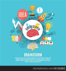 Flat Poster With Brainstorm Icons. Flat poster composed of different brainstorm icons including red brain in center on blue background vector illustration