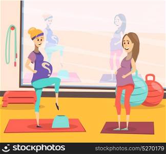 Flat Pregnancy Background. Flat colored pregnancy background with two pregnant women training in yoga class vector illustration