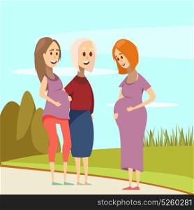 Flat Pregnancy Composition. Flat colored pregnancy composition with three women on a walk in the park vector illustration
