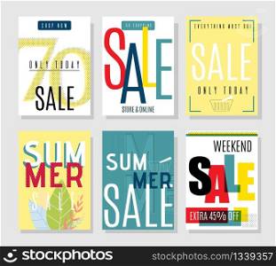 Flat Print or Media Flyer Template Set with Special Summer Sales on Holiday. Store Marketing Promotion Discount Design. Vector Illustration. Advertisements with Shopping Invitation Text. Flat Flyer Template Set with Special Summer Sales