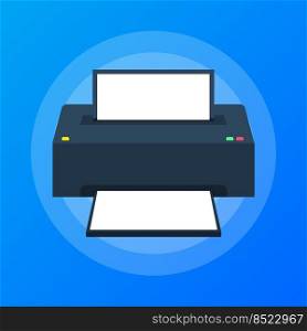 Flat printer icon. printer with paper a4 sheet and printed text document.. Flat printer icon. printer with paper a4 sheet and printed text document