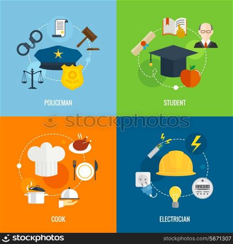 Flat profession composition set with policeman student cook electrician isolated vector illustration