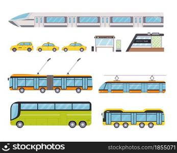 Flat public city land transport and yellow taxi car. Urban vehicles and bus stop. Cartoon trolleybus, underground train and tram vector set. Town vehicles or transport isolated elements