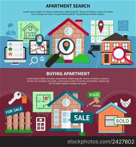 Flat real estate composition set with apartment search and buying apartment descriptions vector illustration. Real Estate Composition Set