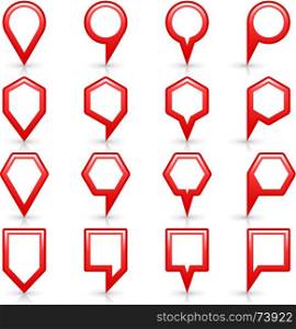 Flat red color map pin sign location icon. Flat red color map pin sign location icon with gray shadow and reflection isolated on white background. Web design element save in vector illustration 8 eps