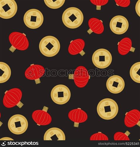 Flat red hanging Chinese lantern with golden coin seamless pattern background for Chinese New Year celebration. Vector Illustration. Flat red hanging Chinese lantern with golden coin seamless pattern background for Chinese New Year celebration. Vector Illustration EPS10