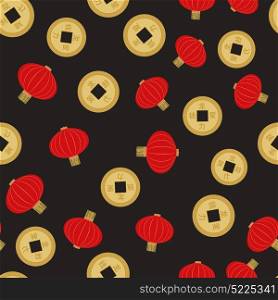 Flat red hanging Chinese lantern with golden coin seamless pattern background for Chinese New Year celebration. Vector Illustration. Flat red hanging Chinese lantern with golden coin seamless pattern background for Chinese New Year celebration. Vector Illustration EPS10