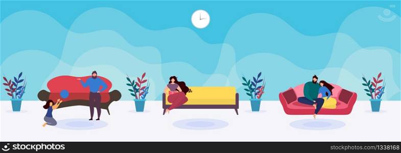 Flat Rest Zone or Waiting Room for Family and Couples. Cartoon People Relaxing on Comfortable and Soft Sofas. Vector Stylish and Functional Furniture. Luxury and Fashion Interior Design Illustration. Rest Zone or Waiting Room for Family and Couples