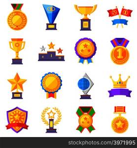 Flat rewards vector icons. Gold cups, medals and crowns pictograms. Medal and sport trophy, achievement competition illustration. Flat rewards vector icons. Gold cups, medals and crowns pictograms