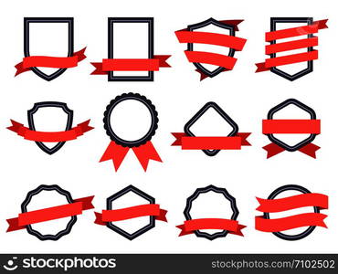 Flat ribbon banner badge. Genuine banners, badging frames with ribbons and circle insignia badges for logo design round genuine seal or sport competition winner medal flat vector isolated symbol set. Flat ribbon banner badge. Genuine banners, frames with ribbons and insignia badges for logo design vector set