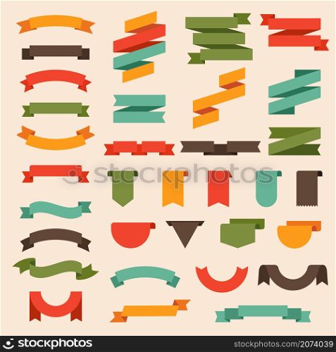 Flat ribbons. Modern curly banners labels and ribbons flags decor recent vector shapes. Illustration ribbon sticker, banner decorative shape. Flat ribbons. Modern curly banners labels and ribbons flags decor recent vector shapes