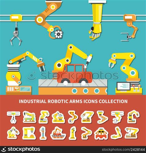Flat robotic arm colored composition with industrial robotic arms icons collection description vector illustration. Robotic Arm Colored Composition