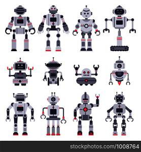 Flat robots. Electronic robot toys, cute chat bot mascot and robotic toy smart transformer android, hi tech cyborg characters. Modern artificial intelligence vector isolated icons illustration set. Flat robots. Electronic robot toys, cute chat bot mascot and robotic toy characters vector illustration set