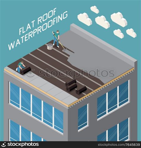 Flat roof waterproofing with polymer bitumen mastic and ruberoid gradient insulation closeup isometric composition vector illustration