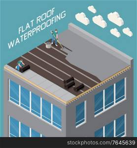 Flat roof waterproofing with polymer bitumen mastic and ruberoid gradient insulation closeup isometric composition vector illustration