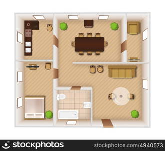 Flat rooms interior with furniture and equipment top view vector illustration. Interior Top View