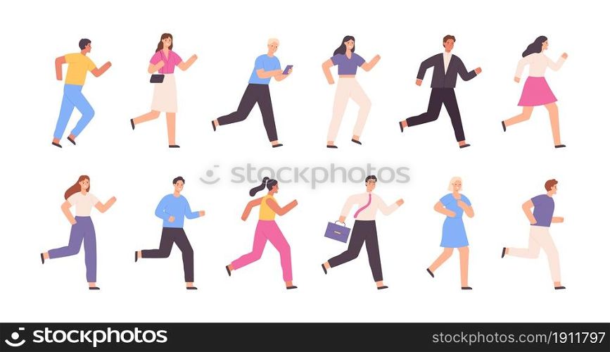 Flat running people, business man, woman, jogging characters. Outdoor sport activity. Success competition concept. Cartoon runner vector set. Casual adults hurrying to work, university. Flat running people, business man, woman, jogging characters. Outdoor sport activity. Success competition concept. Cartoon runner vector set