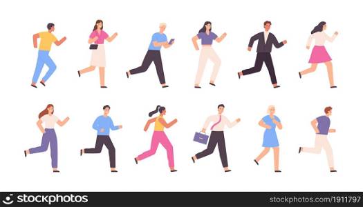 Flat running people, business man, woman, jogging characters. Outdoor sport activity. Success competition concept. Cartoon runner vector set. Casual adults hurrying to work, university. Flat running people, business man, woman, jogging characters. Outdoor sport activity. Success competition concept. Cartoon runner vector set
