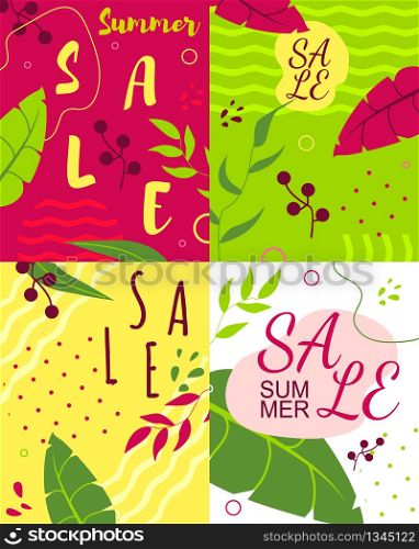 Flat Sales Cards Set on Abstract Floral Backdrop. Vector Tropical Illustration. Advertising Posters and Flyers. Discounts Emails or Newsletters. Ads and Promotional Material for Summer Sell-out. Flat Sales Cards Set on Abstract Floral Backdrop