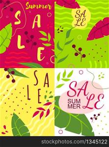 Flat Sales Cards Set on Abstract Floral Backdrop. Vector Tropical Illustration. Advertising Posters and Flyers. Discounts Emails or Newsletters. Ads and Promotional Material for Summer Sell-out. Flat Sales Cards Set on Abstract Floral Backdrop