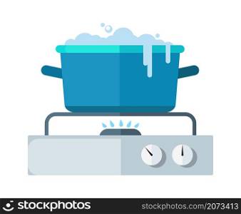 Flat saucepan on stove. Gas burner, water boils out of pan. Food preparation, kitchen cooking process isolated vector illustration. Preparation utensil and saucepan, cooking at kitchen. Flat saucepan on stove. Gas burner, water boils out of pan. Food preparation, kitchen cooking process isolated vector illustration