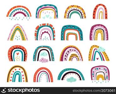 Flat scandinavian rainbows. Color shapes, different rainbow abstract symbol. Nursery baby boho decorations, unusual clouds exact vector set. Arc colorful rainbow, scandinavian drawn illustration. Flat scandinavian rainbows. Color shapes, different rainbow abstract symbol. Nursery baby boho decorations, unusual clouds exact vector set
