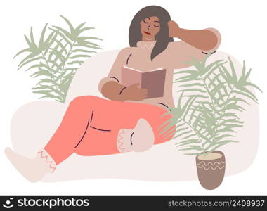 Flat scandinavian style cartoon cute character, african american woman reading comfortably at home surrounded by plants. Minimal vector illustration.. Flat scandinavian style cartoon cute character