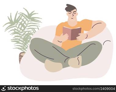 Flat scandinavian style cartoon cute character, man reading comfortably at home seated on sofa surrounded by plants. Minimal vector illustration.. Flat scandinavian style cartoon cute character