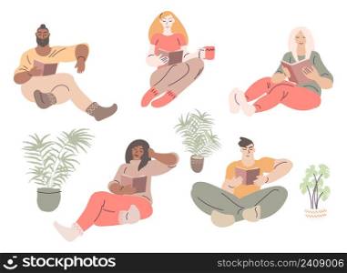 Flat scandinavian style cartoon cute character set, diverse people reading comfortably surrounded by plants. Minimal vector illustration.. Flat scandinavian style cartoon cute character set, diverse people reading comfortably