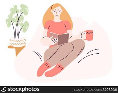 Flat scandinavian style cartoon cute character, woman reading comfortably at home seated on sofa surrounded by plants. Minimal vector illustration.. Flat scandinavian style cartoon cute character