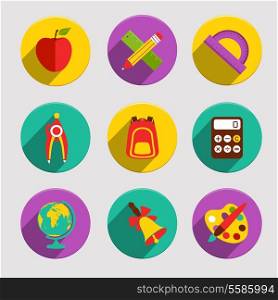 Flat school education icons set of apple stationery angle protractor isolated vector illustration