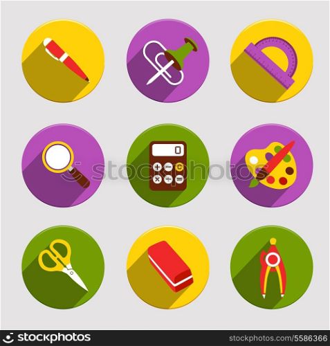 Flat school education icons set of pen color palette eraser isolated vector illustration
