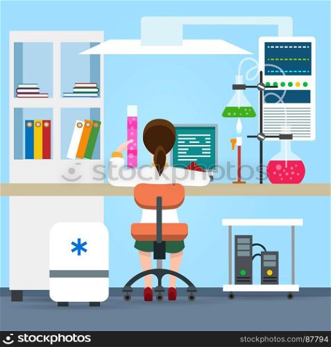 Flat science chemistry laboratory. Flat science illustration. Vector chemistry laboratory and lady working