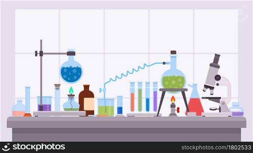 Flat science laboratory experiment with glass beakers and flask. Pharmaceutical research equipment on desk. Chemical lab test vector concept. Illustration of equipment chemical laboratory. Flat science laboratory experiment with glass beakers and flask. Pharmaceutical research equipment on desk. Chemical lab test vector concept