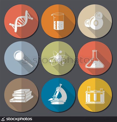 Flat science symbols set with dna structure magnifier books isolated vector illustration